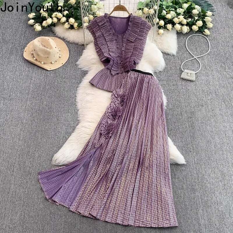 Summer Women Clothing Floral Piece Sets V-neck Sleeveless Slim Wais Tops High Waist Split Skirt Outfits Vintage Elegant Suit