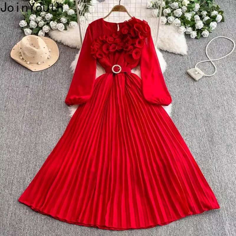 2025 Vestidos De Mujer Vintage Woman Dress Long Sleeve 3D Floral Slim Waist Temperament Robe Femme Elegant Pleated Maxi Dresses