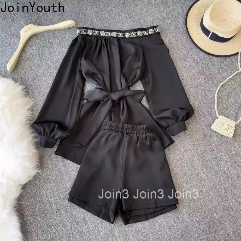 Shorts Suit Womens Clothing 2025 Two Piece Sets Diamond Slash Neck Bandage Tops Slim Fit Shorts Outfits Temperament Summer Set