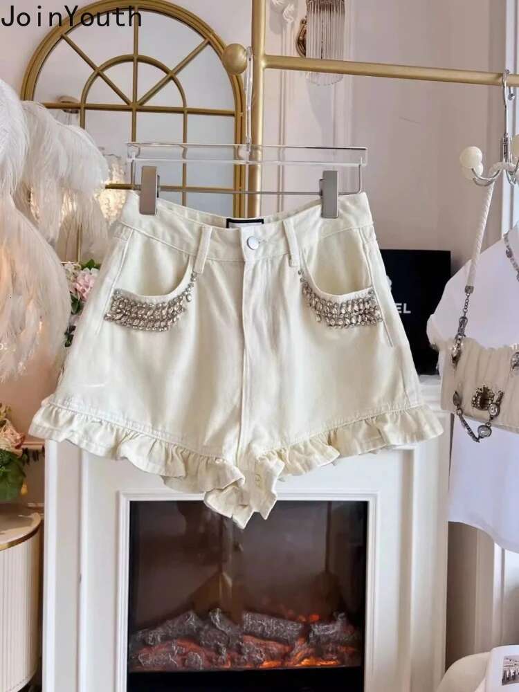 Korean Fashion Y2k Shorts for Womens High Waist Slim Fit Diamond Ruffles Wide Leg Pants Casual Summer Ruffles Pantalon Femme