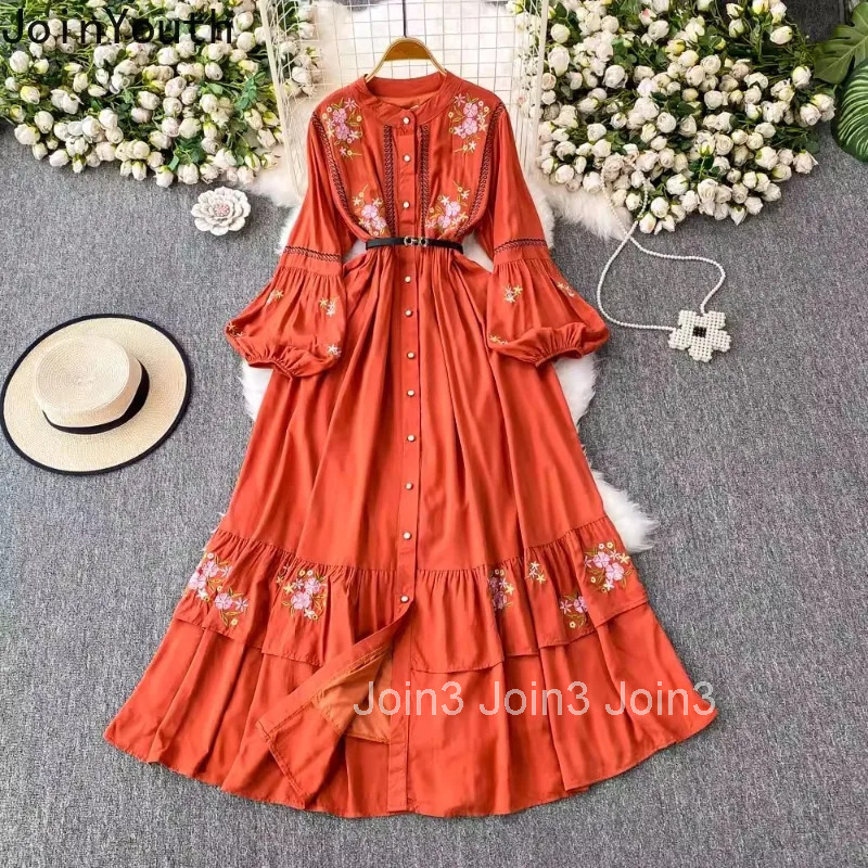 Vintage Dresses Women Clothing Lantern Sleeve Single Breasted O-neck Robe Femme A-line Big Swing Floral Embroidery Maxi Dress