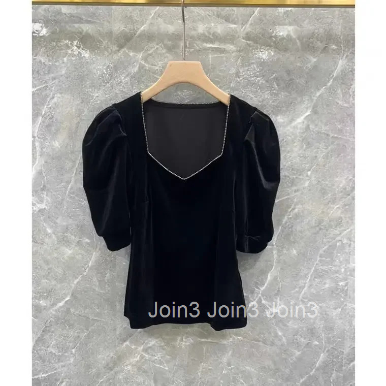 Blusas De Mujer 2025 Temperament Women Crop Tops Square Collar Puff Sleeve Velvet Shirts Diamond Black Tunic Summer Blouses