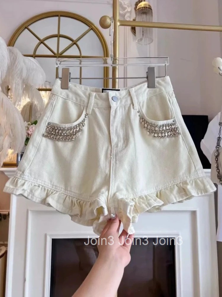 Korean Fashion Y2k Shorts for Womens High Waist Slim Fit Diamond Ruffles Wide Leg Pants Casual Summer Ruffles Pantalon Femme