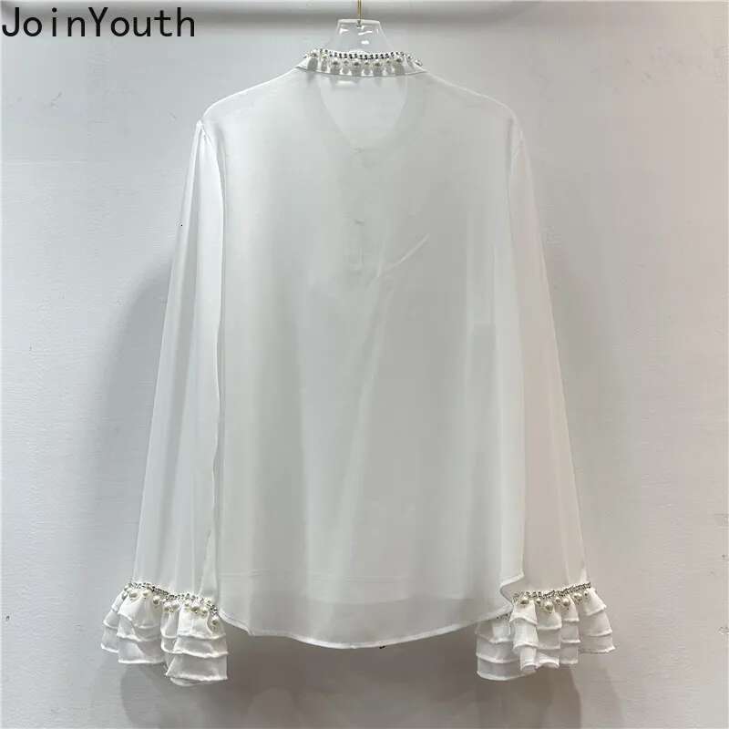 Temperament Lady Tops White Blouses for Women 2025 Camisas De Mujer Heavy Beading Hollow Out Ruffles Loose Chiffon Shirts 7p132