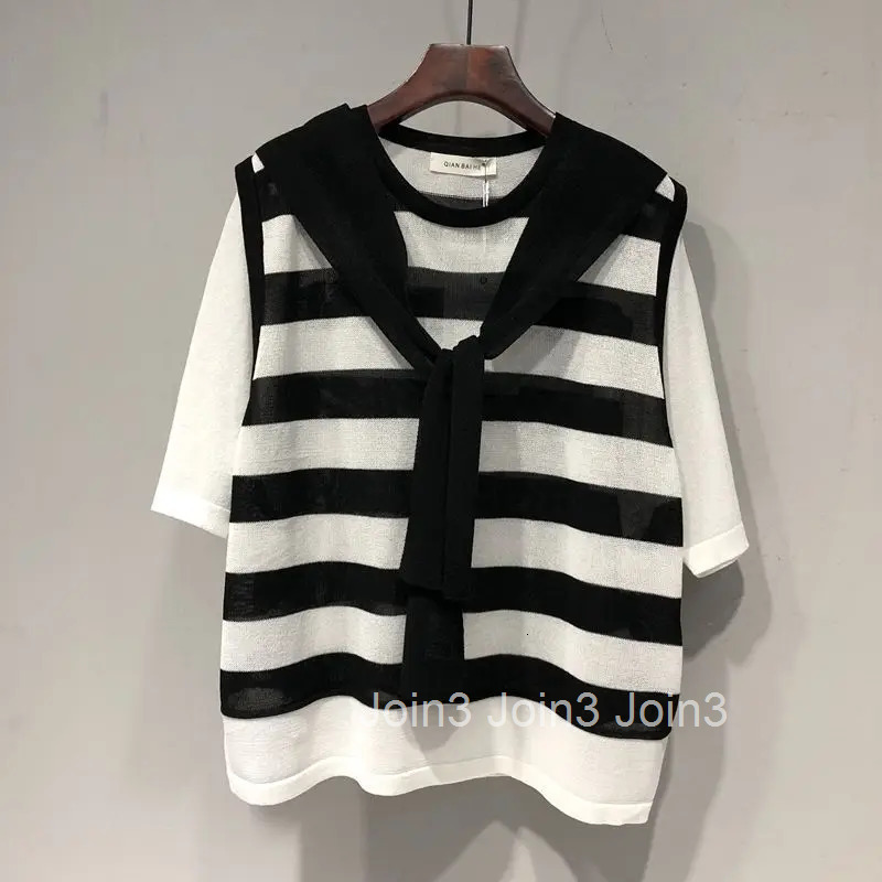 Summer Women Clothes Knit T Shirts Bandage Short Sleeve Fake Two Tees 2025 Ropa Mujer Oversized T-shirt Casual Striped Camisetas