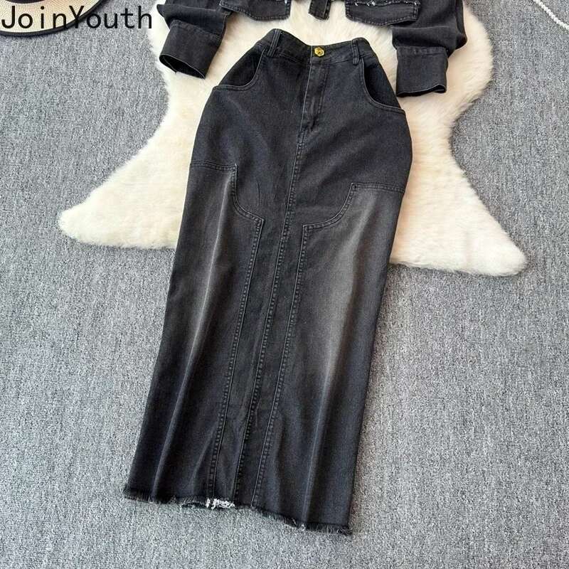 Denim Outfits Fashion Two Piece Sets for Womens Long Sleeve Lapel Neck Crop Coat High Waist Bodycon Skirts Suit Casual Y2k Set