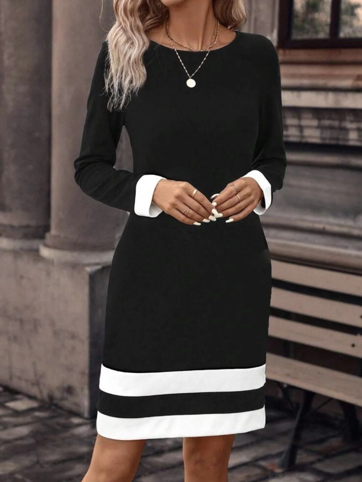 clashing polka collar knit bottomed waistline for autumn and winter longsleeved thin top slim dress 250616