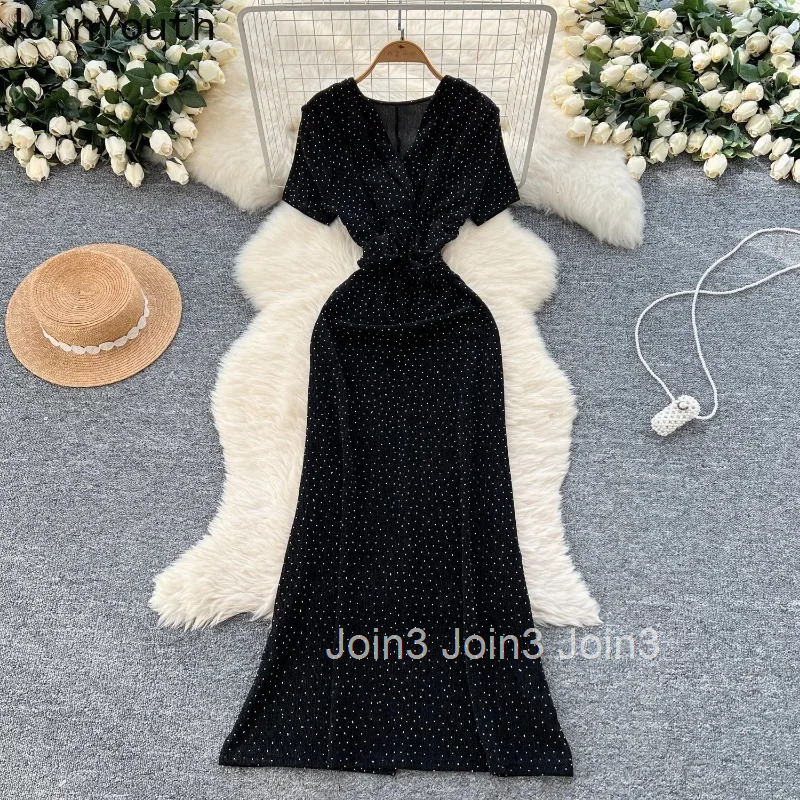 Summer Woman Dress Short Sleeve V-neck Tunic Korean Robe Femme High Waist Diamond Split Bodycon Dresses 2025 Vestidos De Mujer