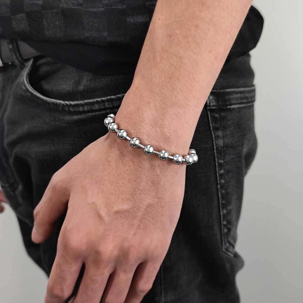 8mm Glass Round Bead Chain Stainless Titanium Steel Jewelry Gold Men's Bracelet Accessories 5c98