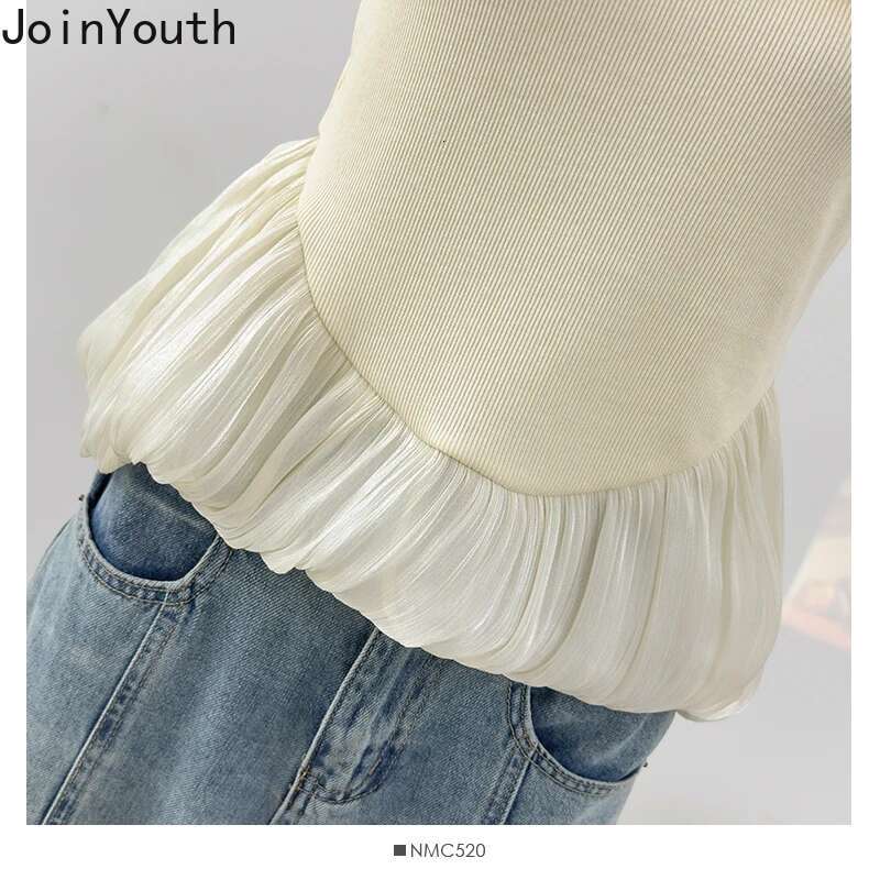 Ruffles Contrast Color T Shirts Womens Clothes Fake Two Tunic Camisetas 2025 Ropa Mujer Slash Neck Fashion Summer T-shirts Tops
