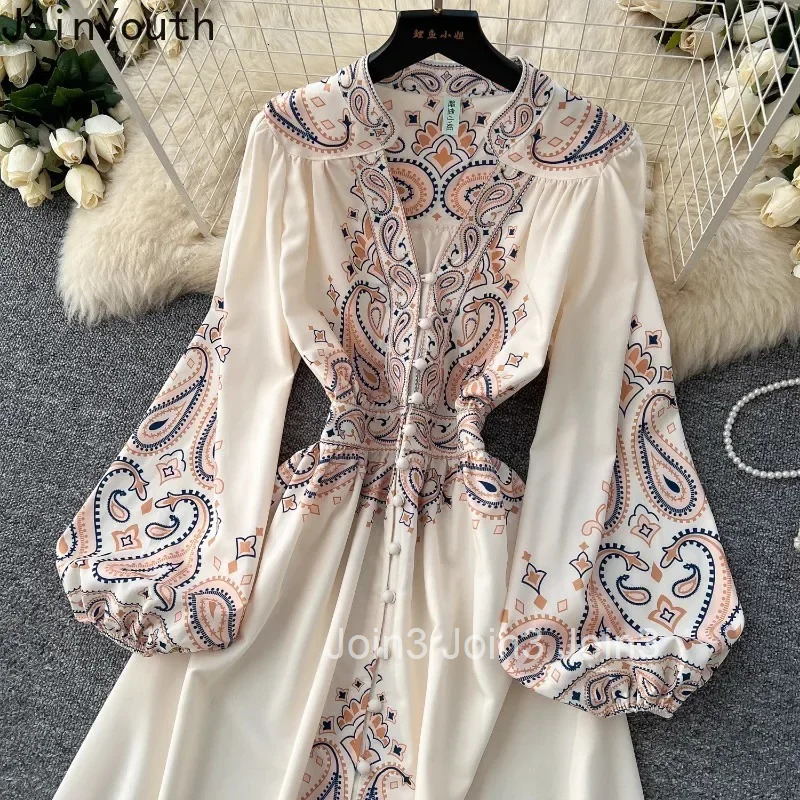 Vestidos De Mujer Vinatge Dresses Women V-neck Lantern Sleeve Slim Waist Robe Femme Single Breasted Elegant Floral Maxi Dress