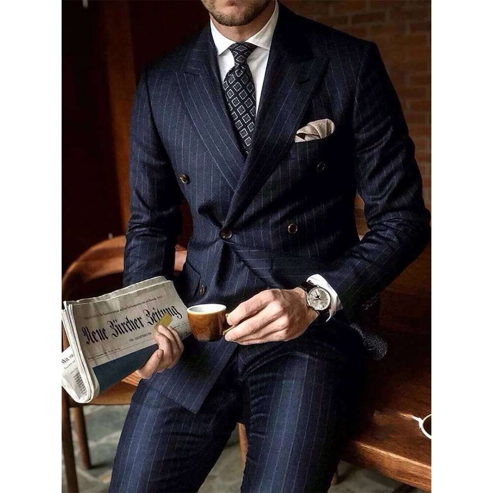 2 Piece Chic Pinstripe Navy Blue Men Suits Set High Quality Formal Double Breasted Peak Lapel Suit Slim Fit Smart Casual Tuxedo