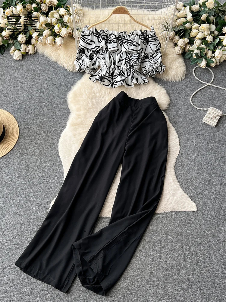 SINGREINY Fashion Two Piece Sets Women Ruffles Floral Print Shirt Elastic Waist Wide Leg Long Pants Korean Slim Summer Suit 250617