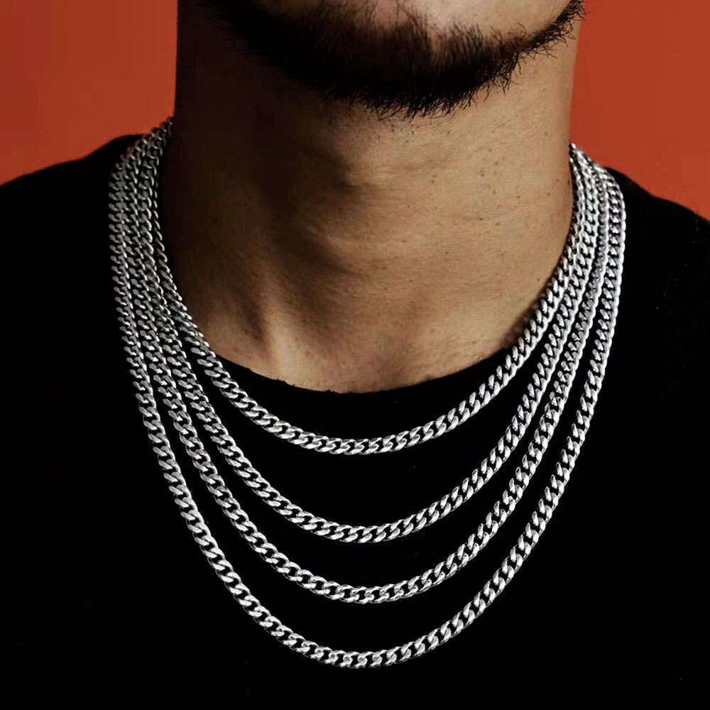 Hip Hop Men's Stainless with Denim Buckle, Round Polished Dense Titanium Steel Cuban Chain, Unique Necklace 07f3