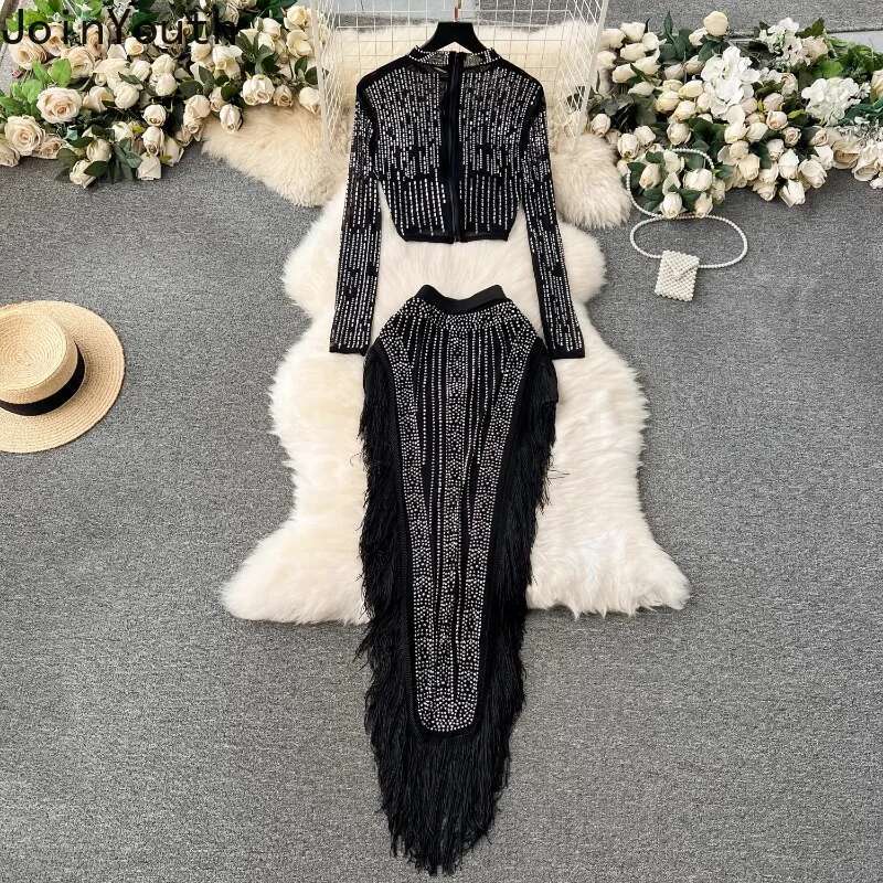 Temperament Suit Two Piece Sets Womans Clothes for 2025 Diamond Tunic Crop Tops Chic Tassel Bodycon Skirt Outfits Chic Y2k Set