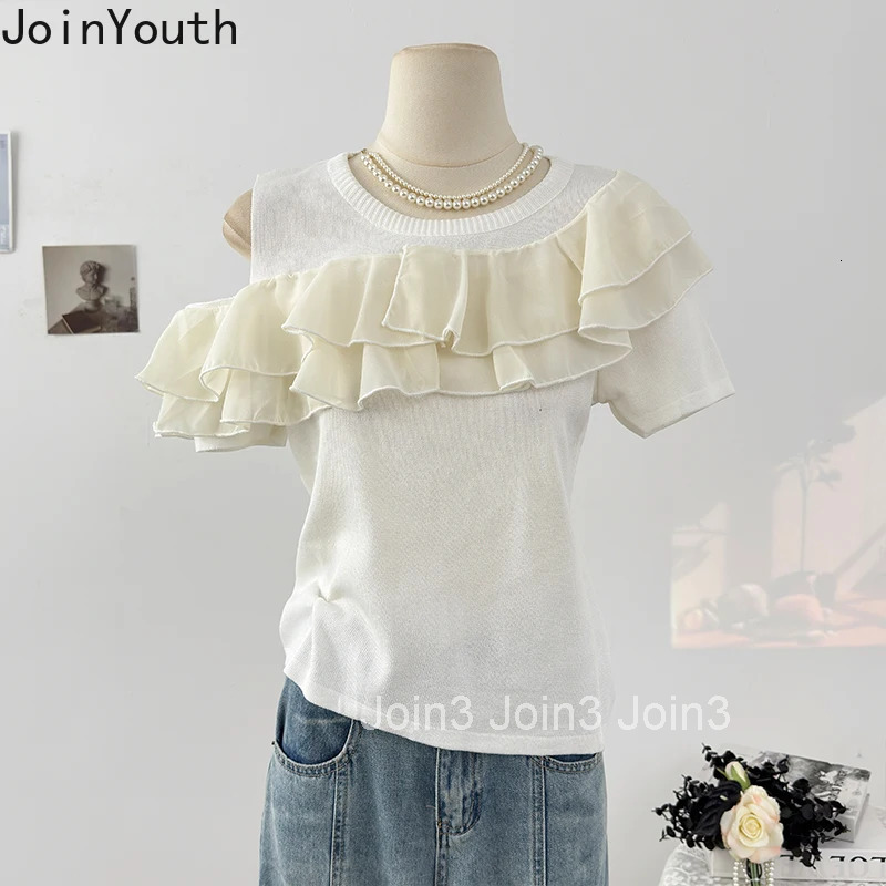Women Clothing 2025 Ruffles Summer T Shirts Ropa Mujer Short Sleeve O-neck Camisetas Contrast Color Off Shoulder Ruffles T-shirt