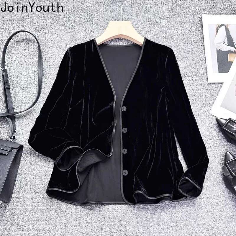 Velvet Black Jackets 2025 Womens Clothing Chinese Style Vintage Outwear Ropa Mujer Oversized Tops V-neck Chic Temperament Coats