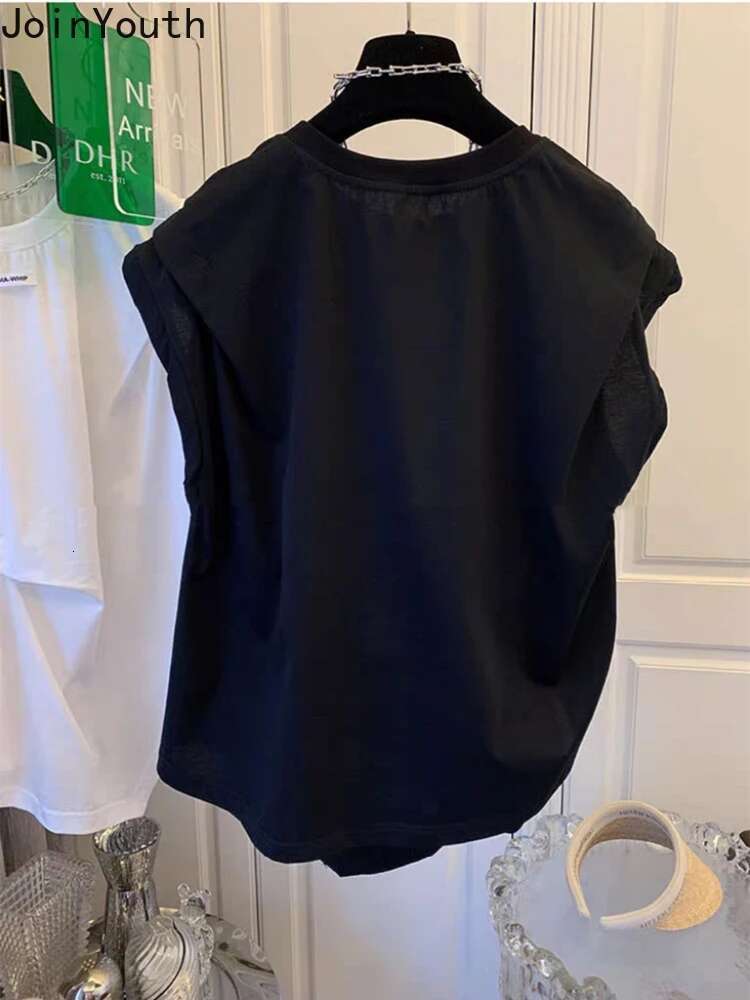 White Woman T Shirts O-neck Sleeveless Cotton Tees Fashion Casual Summer Tshirts Y2k Tops Loose Folds Irregular Korean T-shirt