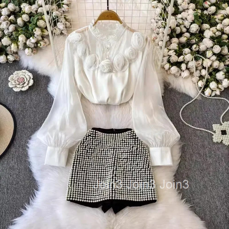 Korean 2 Piece Sets Womens Outfits 3D Floral Long Sleeve Blouse Heavy Beading Bodycon Mini Skirt Shorts Suit Fashion Summer Set