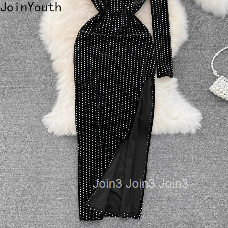 Party Dress Women Clothing Sexy Off Shoulder Temperament Black Robe Femme Diamond Velvet Split Bodycon Dresses Vestido Femme