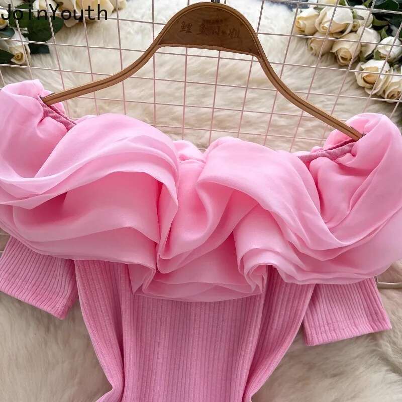 Sweet Woman T Shirts Slash Neck Off Shoulder Ruffles Tops 2025 Ropa Mujer Fashion Summer Camisetas Slim Fit Korean Tshirt Tees