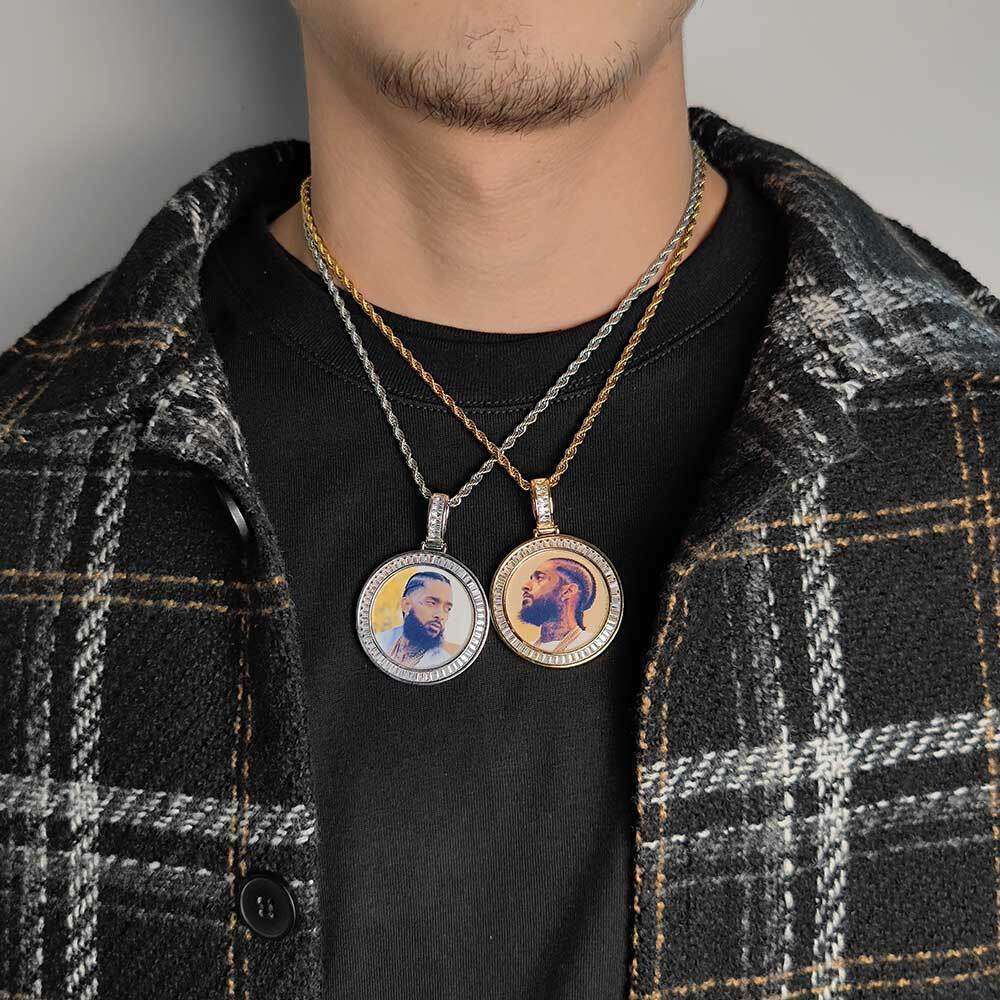Hip Hop Memory Photo Pendant Copper Inlaid T Cubic Zirconia Trendy Round Frame Necklace e8fe