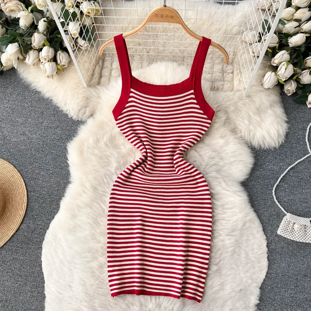 Summer Knit Beach Dress Ladies Spaghetti Strap Backless Slim Elastic Sundress Fashion Korean Striped Short Mini Sexy 250616