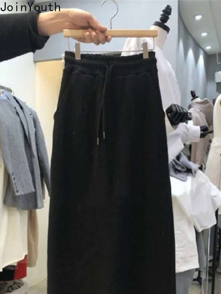2025 Faldas Mujer De Moda Casual Skirts for Women High Waist Solid Color A-line Korean Jupe Bandage Fashion Bodycon Long Skirt