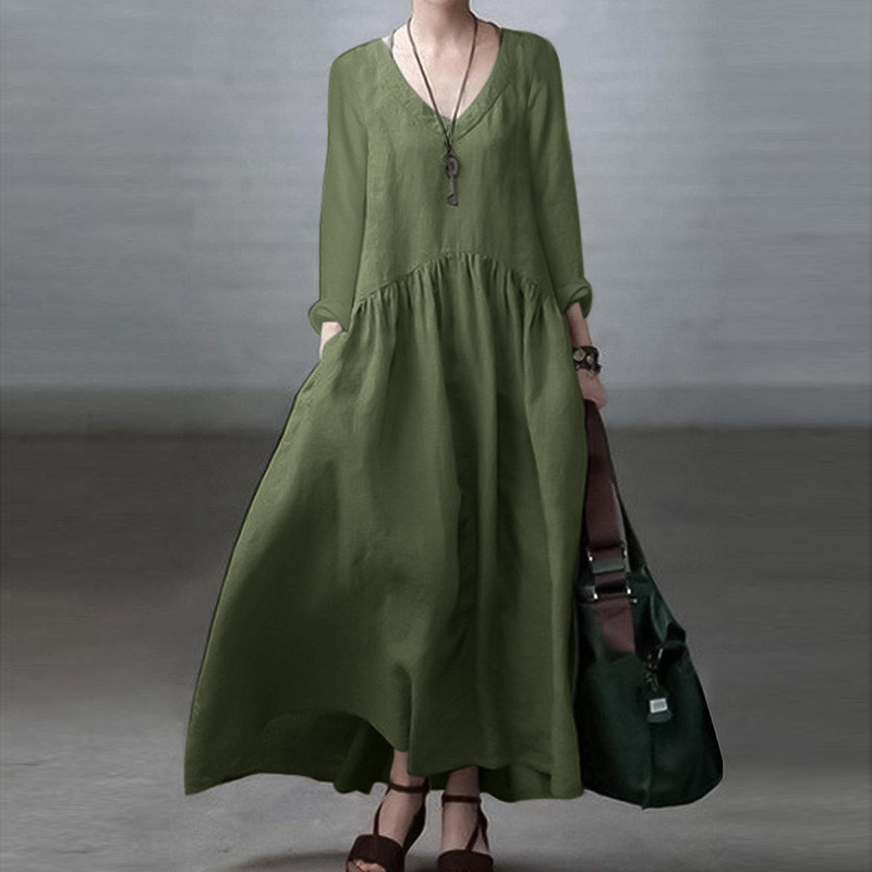 B622Spring and Autumn Fashion Long Sleeve V-neck Elegant Vest Dress Women's Casual Solid Color Loose Long Dress