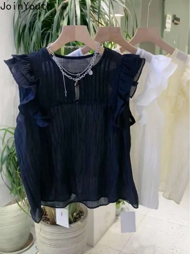 White Blouses for Women 2025 Blusas Mujer De Moda Sleeveless O-neck Loose Shirts Ruffles Loose Vintage Summer Blouse Tops Female