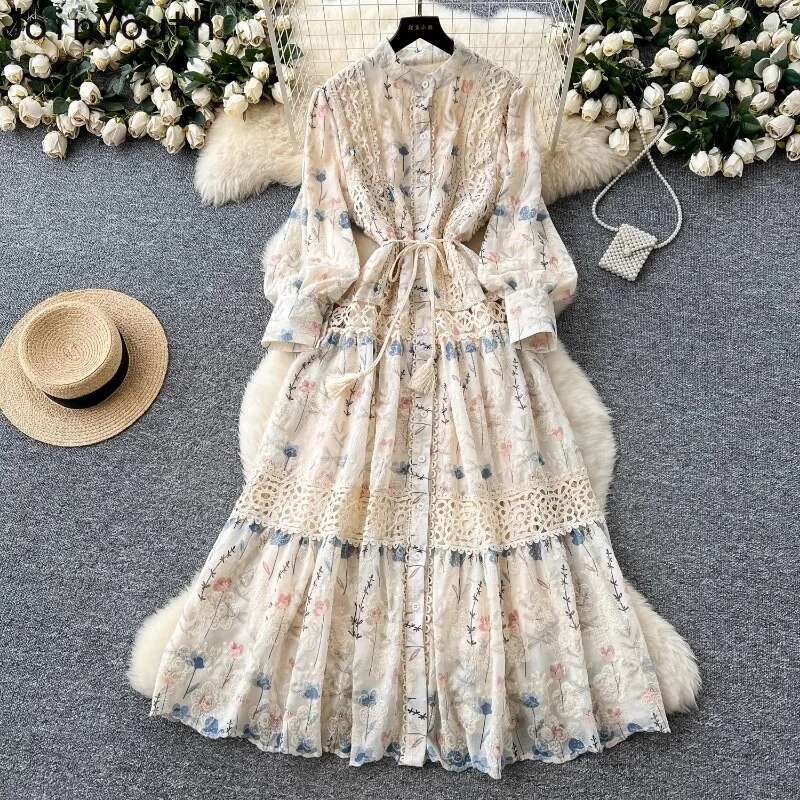 Floral Dresses Women Clothing 2025 Vestidos De Mujer Patchwork Lace Slim Waist Vintage Robe Femme Embroidery Hollow Out Dress