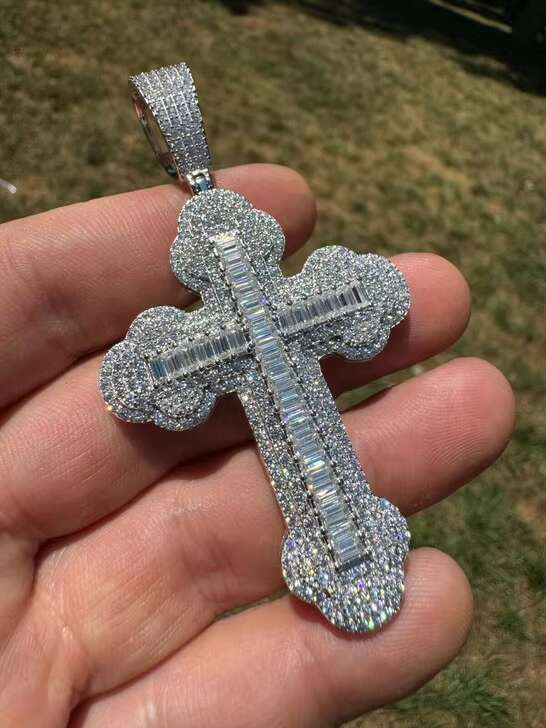 Solid 925 Sterling Silver Gothic Iced Out Cross Pendant Moissanite Baguette Hip Hop Diamond Jewelry Unisex Gift Idea