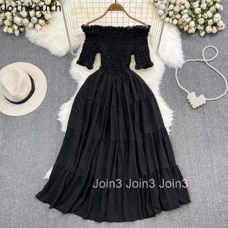 Summer Woman Dress Short Sleeve Slash Neck Folds Robe Femme Vestidos De Mujer Slim Waist Off Shoulder Fashion Sweet Maxi Dresses