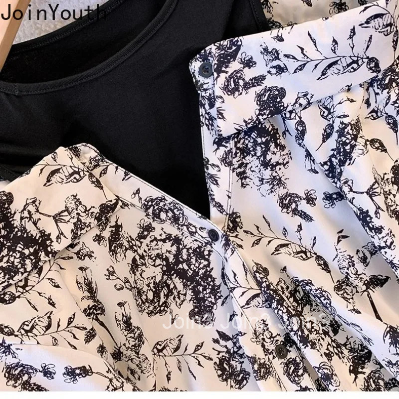 Fashion Two Piece Sets Women Outfits Patchwork Off Shoulder Oversized Shirt Wide Leg Pants Suit Casual Floral Korean Summer Set