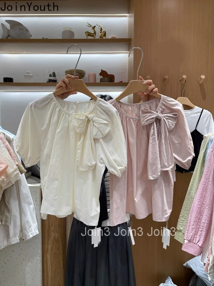 Summer Blouse for Women Short Sleeve O-neck Vintage Shirts 2025 Blusas Mujer De Moda Bandage Bow Loose Sweet Blouses Tops 27w498