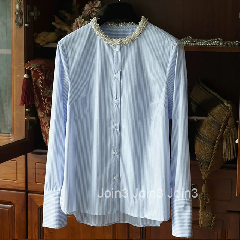 Women Clothing Striped Shirt Heavy Beading O-neck Long Sleeve Blouses Temperament Tops Loose Fashion Blouse Camisas De Mujer