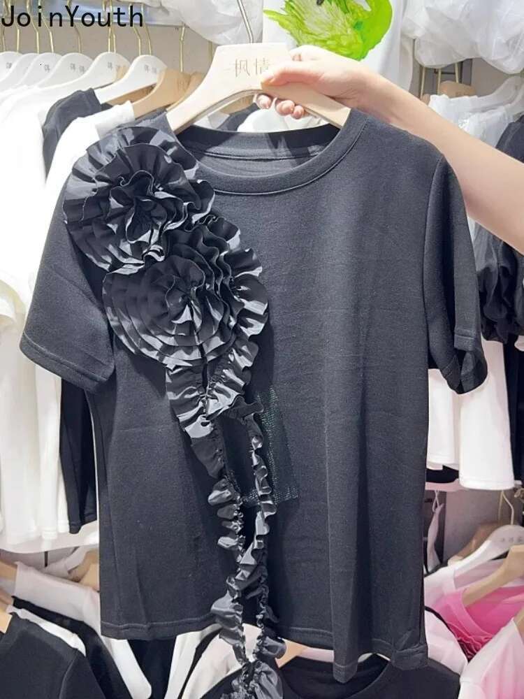 2025 Women Clothing Summer T Shirts 3D Floral Sweet Camisetas Ropa Mujer Short Sleeve O-neck Tees Loose Chic White T-shirt Tops