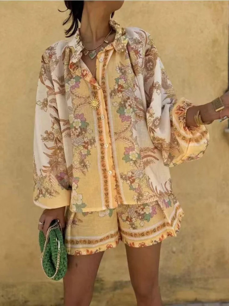 Vintage Printed Lantern Sleeve Button Shirt Set Casual Elastic Waist Wide Leg Short Pants Suit For Women 2025 Summer Street Wear 250617