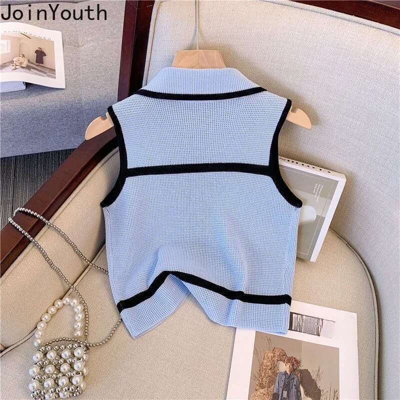 Vintage Sweater Knitted Vest Womens Clothing Temperament Sleeveless Summer Waistcoat Cropped Tops Casual Fashion Tunic Tanks