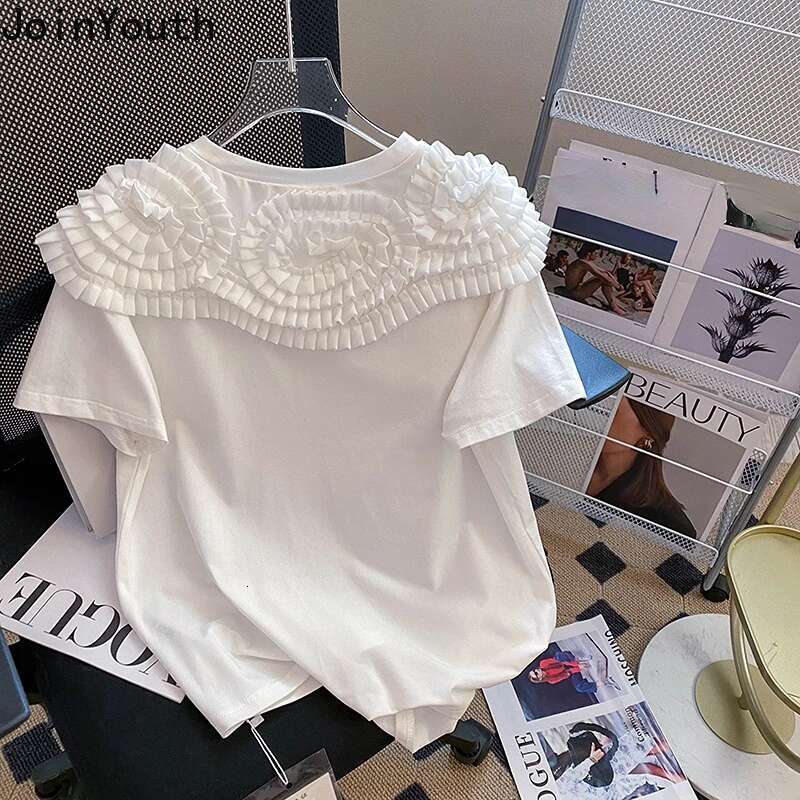 Sweet Woman Tshirts 3D Floral O-neck Short Sleeve White Tees Tops Mujer 2025 Shirts for Women Korean Fashion Y2k T-shirts 7f150