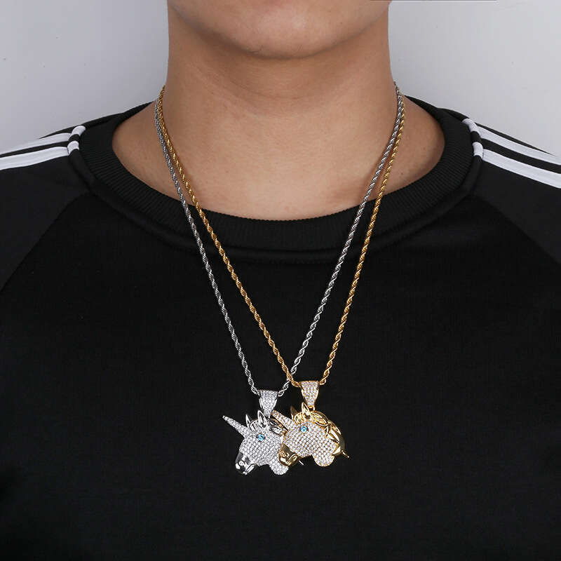 Hip Hop Unicorn Cartoon Head Micro Paved Zircon Men and Women Trendy Ins Accessories