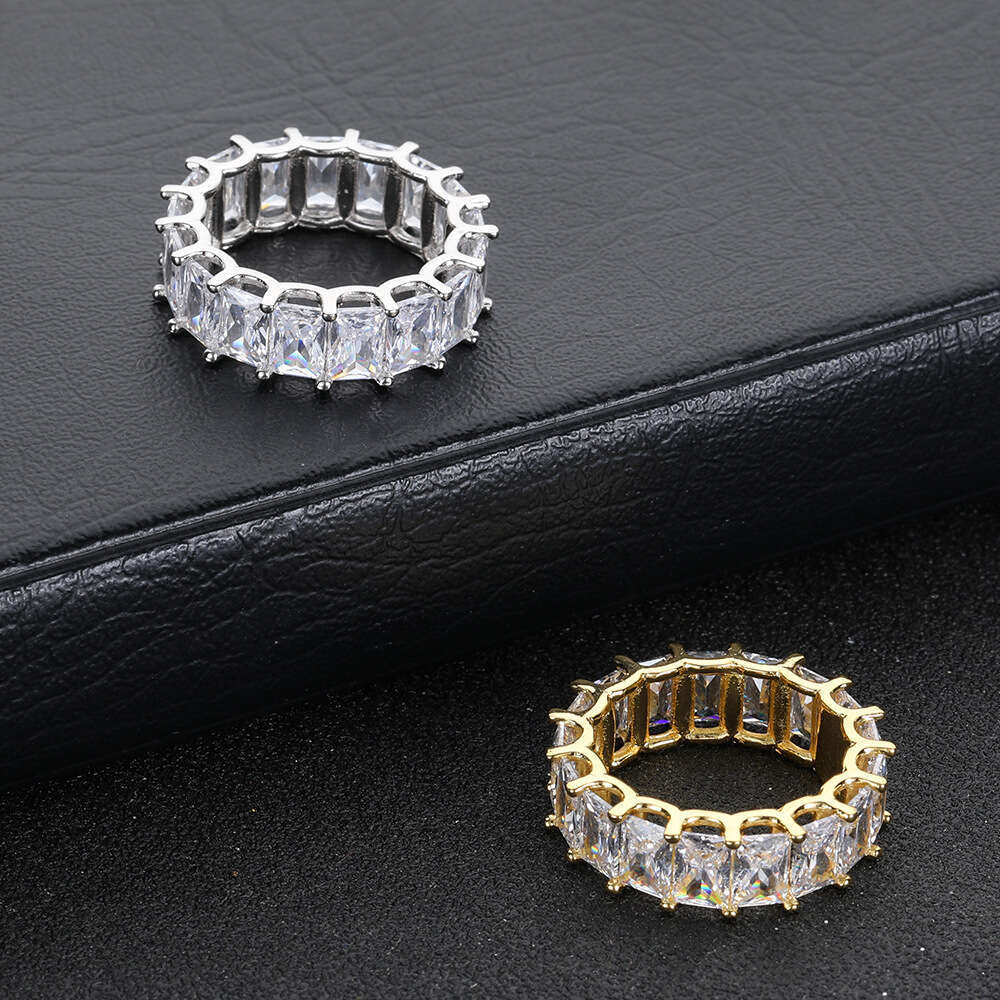 New 7mm Single Row Rectangular Zircon Real Gold Plated Trendy Hip-Hop Men's Ring 6543