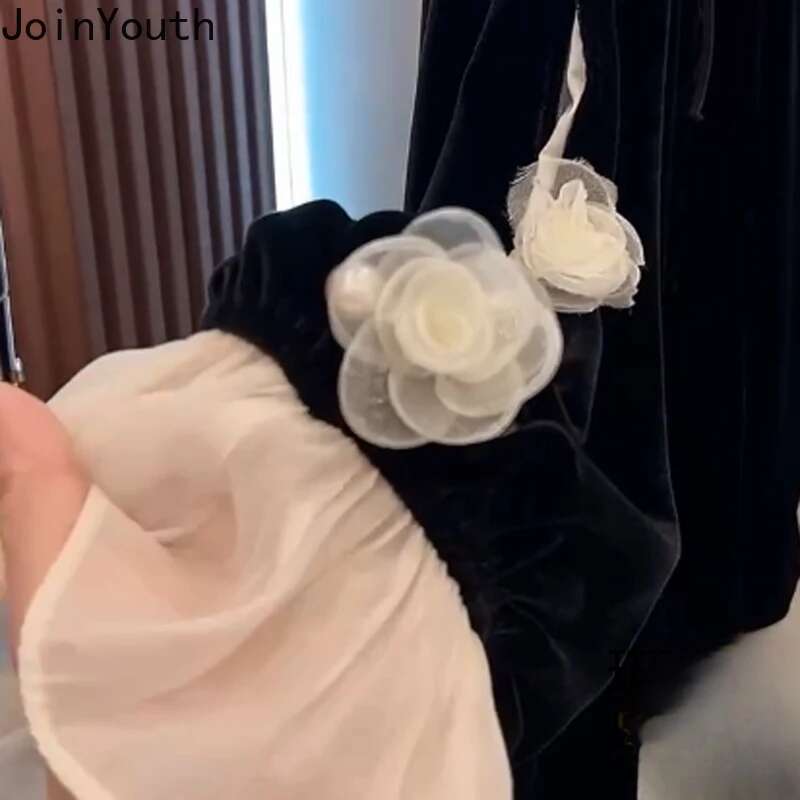 Heavy Beading Shirts 2025 Women Clothing Camisas De Mujer 3D Floral Loose Blouses Vintage Black Tops Chic Velvet Korean Blouse