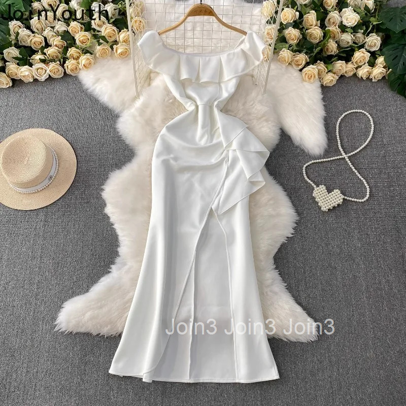 2025 Vestidos De Mujer Summer Dress for Women Slim Waist Slim Fit Split Robe Femme Ruffles Elegant Slash Neck Maxi Dresses