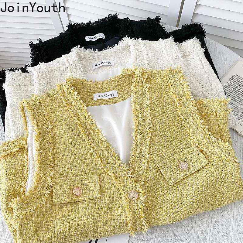 Fashion Vest for Women V-neck Sleeveless Tweed Single-breasted Tassel Waistcoat Topa Mujer Korean Temperament Coat Tops Femme