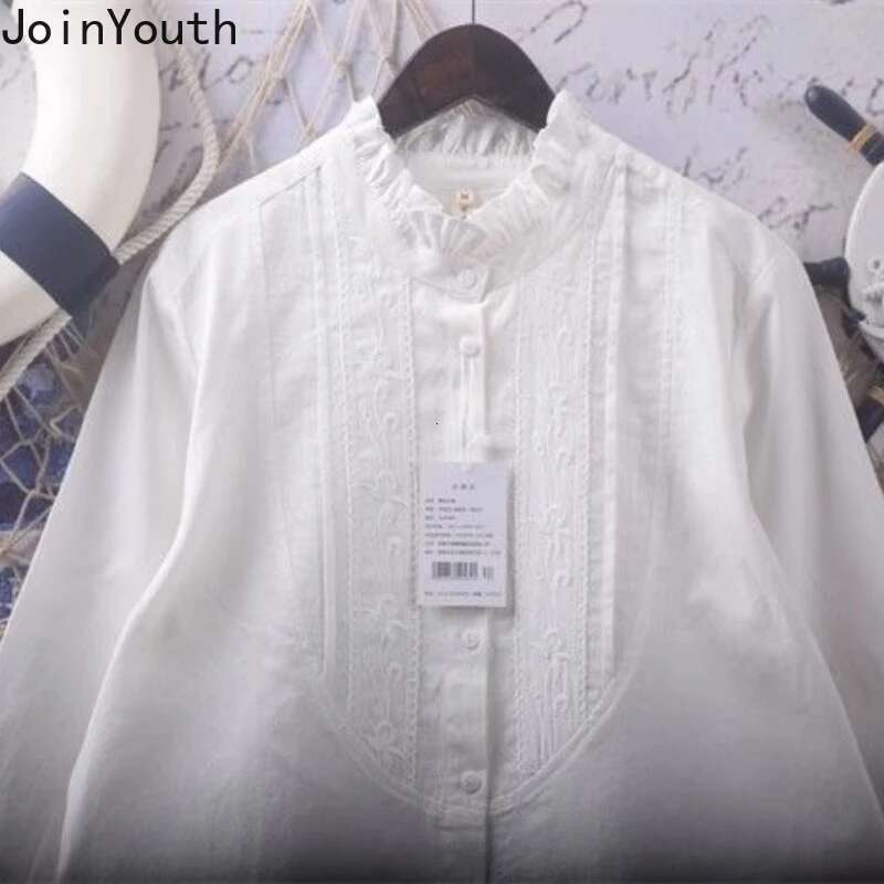 2025 Blusas Mujer De Moda White Blouses for Womens Stand Neck Long Sleeve Loose Shirts Embroidery Sweet Japanese Blouse Tops