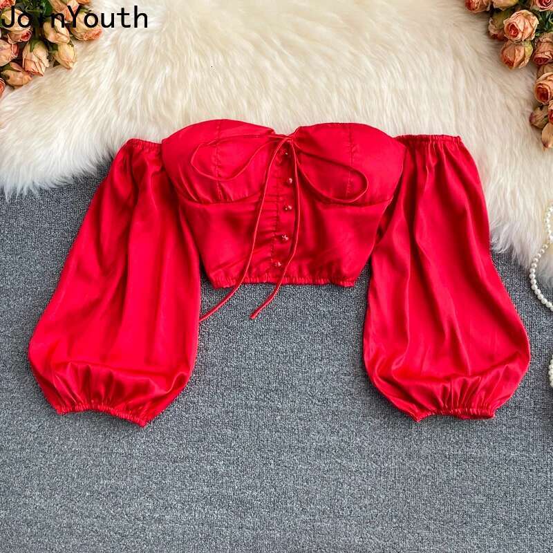 Sexy Crop Tops Blouses Women Long Sleeve Slash Neck Off Shoulder Shirts 2025 Blusas Mujer De Moda Fashion Folds Summer Blouse