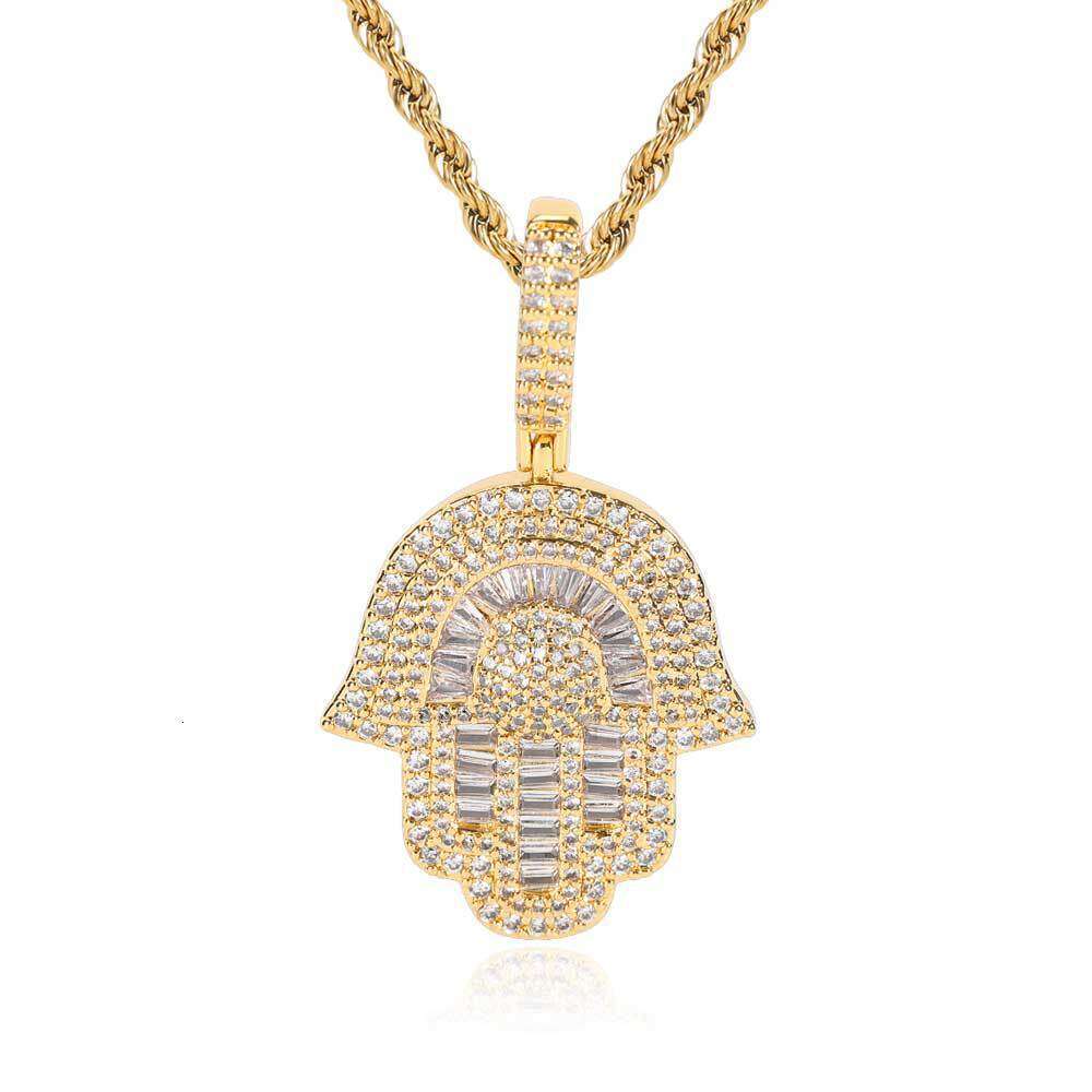 Copper Inlaid Zircon Small Palm Pendant Real Gold Plated Trendy Fatima Hand Hip Hop Necklace d722