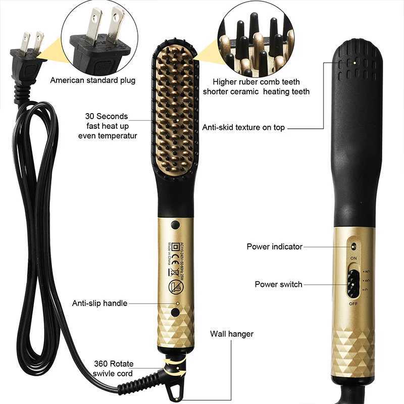 Electric Mens Hair Straightening Brush Heated Beard Straightener Smart Heating Comb Iron Ceramic Womens Hairbrush Styling ToolXJ250621