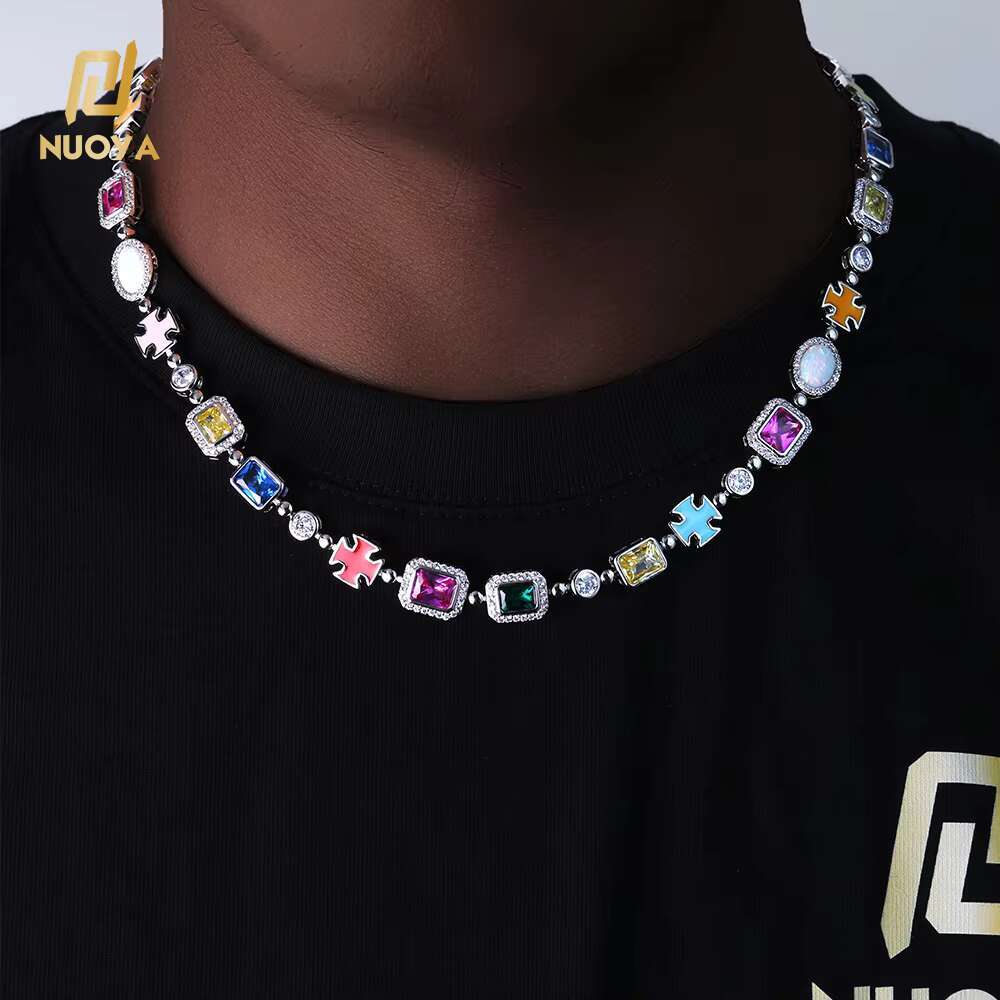 NUOYA 10mm Custom Multi Color Enamel Bling Cz Stone Chain Silver Geometric Gemstone Motif Iced Out Chain Necklace